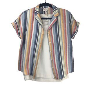 Laundry by Shelli Segal Rainbow Stripe Linen Blend Button Down Top
